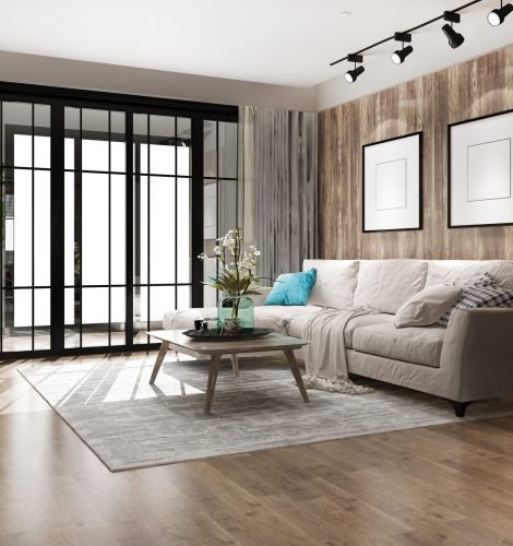 3d rendering loft luxury living room with bookshelf