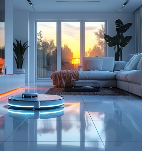 A realistic, advertising photograph set in a sophisticated, elegant, and clean modern living room, predominantly white, where an autonomous, circular, flat, and very modern vacuum cleaner is in operation. The vacuum cleaner features neon accents. The room is immaculate. A technologically advanced vacuum --ar 3:2 --style raw --stylize 600 --v 6 Job ID: 3f459ecc-b2f6-411d-8ec0-32463313e8dd
