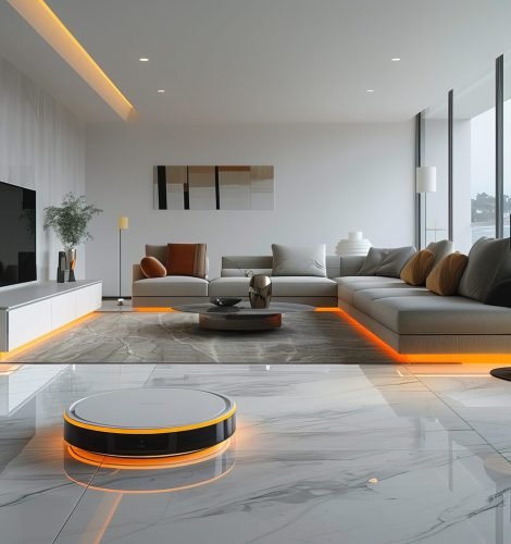 orange color. Clean imagen. A realistic, advertising photograph set in a sophisticated, elegant, and clean modern living room, predominantly white, where an autonomous, circular, flat, and very modern vacuum cleaner is in operation. The vacuum cleaner features neon accents. The room is immaculate. A technologically advanced vacuum --ar 3:2 --style raw --stylize 500 --v 6 Job ID: af7a5126-deb4-4cc0-8693-cbd2919edf00