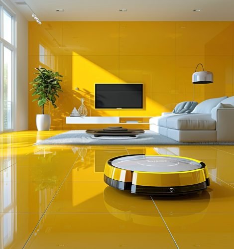 yellow color. Clean imagen. A realistic, advertising photograph set in a sophisticated, elegant, and clean modern living room, predominantly white, where an autonomous, circular, flat, and very modern vacuum cleaner is in operation. The vacuum cleaner features neon accents. The room is immaculate. A technologically advanced vacuum --ar 3:2 --style raw --stylize 500 --v 6 Job ID: 68925bf6-c8bd-4705-b31e-d5e5c76f26c1